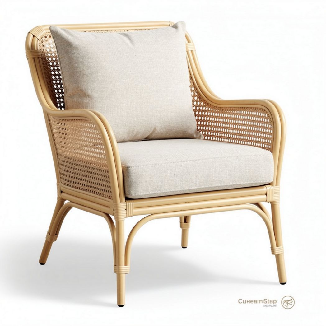 Fauteuil en rotin avec coussin en tissu beige dimensions 70 x 75 x 85 cm