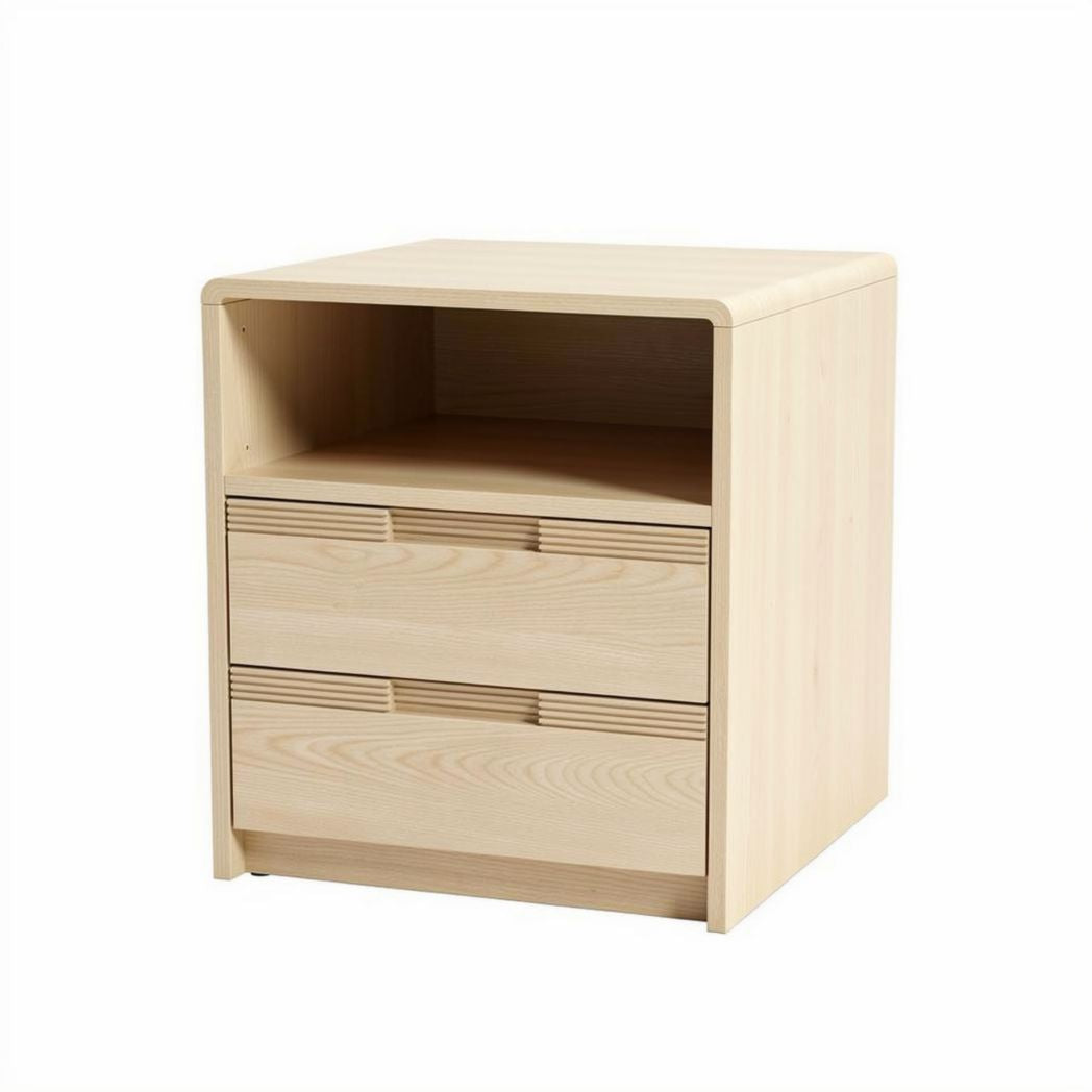 Table de chevet en bois clair avec deux tiroirs et un compartiment ouvert 40 x 40 x 50cm
