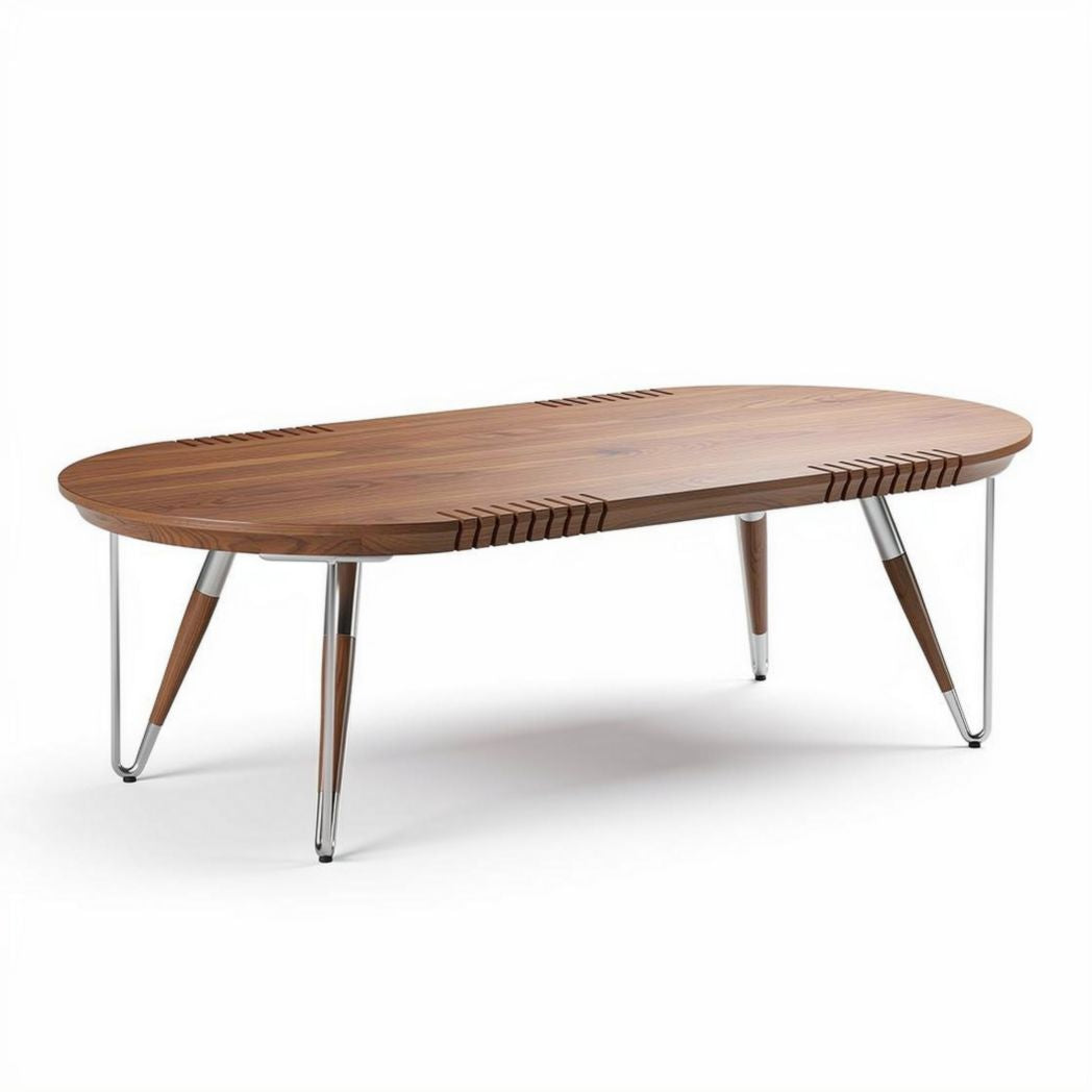 Table basse ovale en bois de noyer avec pieds en chrome 150 x 70 x 40cm