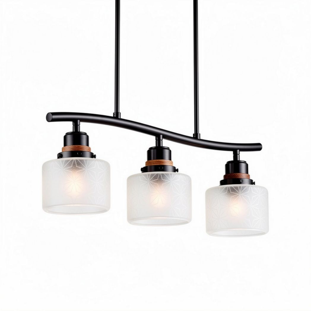 Suspension en métal noir avec trois abat-jours en verre dépoli 30 x 20 x 15cm