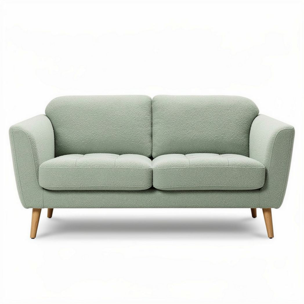 Canapé deux places en tissu vert clair avec pieds en bois 150 x 80 x 75cm