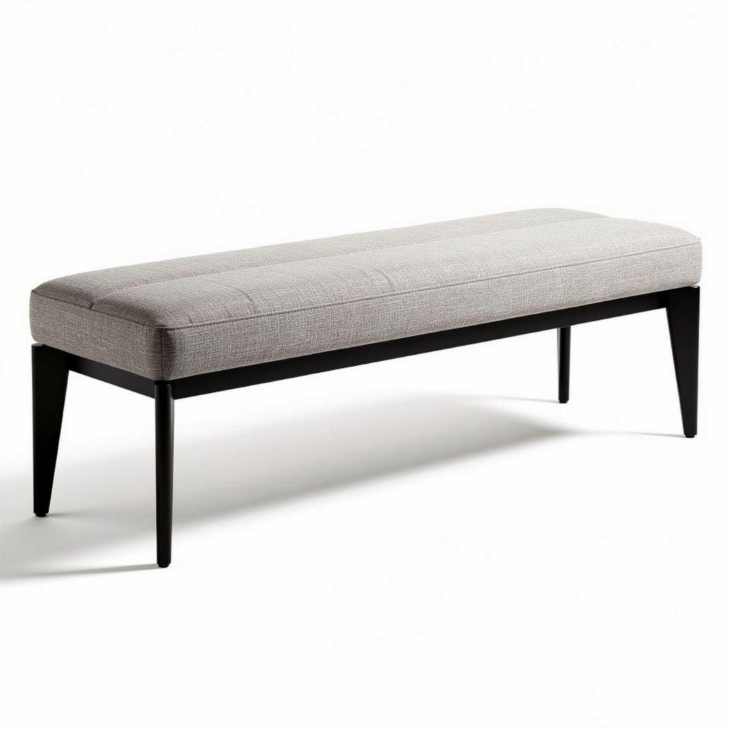Banc en tissu gris avec pieds en métal noir dimensions 150 x 40 x 45cm