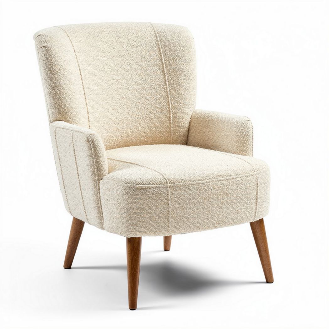 Fauteuil en tissu bouclé couleur écru avec pieds en bois 80 x 75 x 90cm